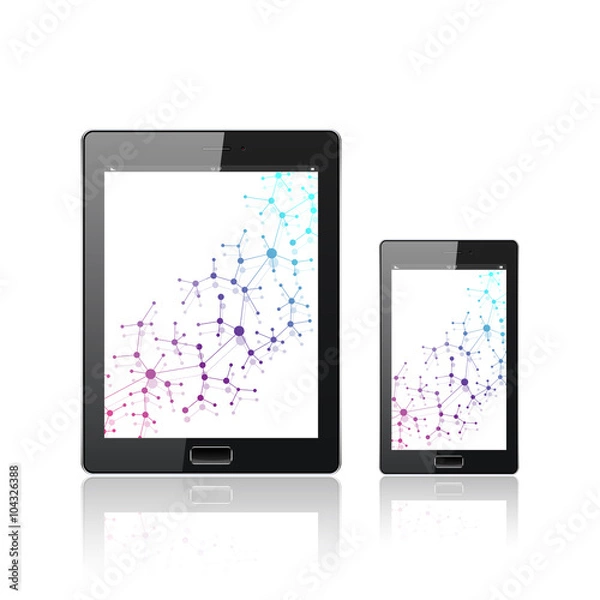 Fototapeta Modern digital tablet PC with mobile smartphone isolated  on the white. Molecule and communication background. Science concept. Vector Illustration