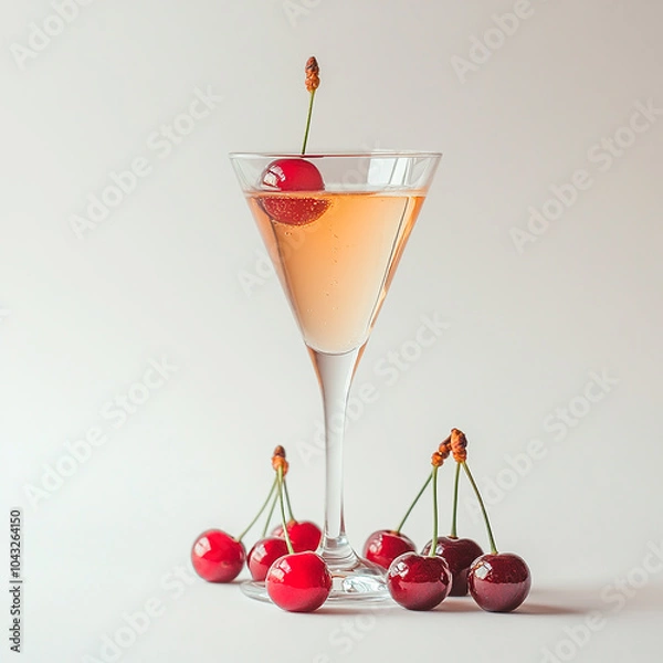 Fototapeta Drink in a conical cocktail glass with cherries on a white background, conceptual image for design and advertising projects.