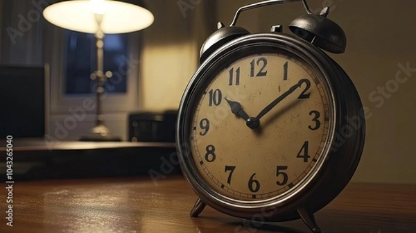 Fototapeta Classic Alarm Clock on Wooden Table in Soft Light