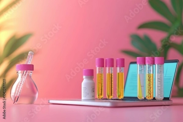 Fototapeta A scientific report on stem cell advancements placed beside a laptop symbolizing ongoing research and development.