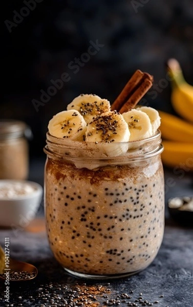 Fototapeta An aesthetically pleasing jar of overnight oats with layers of rolled oats