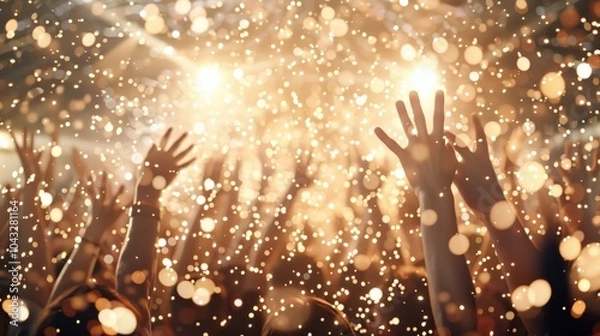 Obraz Energetic New Year's Eve celebration with raised hands in the air and golden glitter confetti. Ideal for event promotions, party invitations, and concert backgrounds. Electrifying festive atmosphere