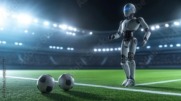 Fototapeta Robot Soccer Player Prepares for a Kick in Stadium