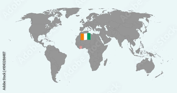 Fototapeta Pin map with Ivory Coast flag on world map. Vector illustration.