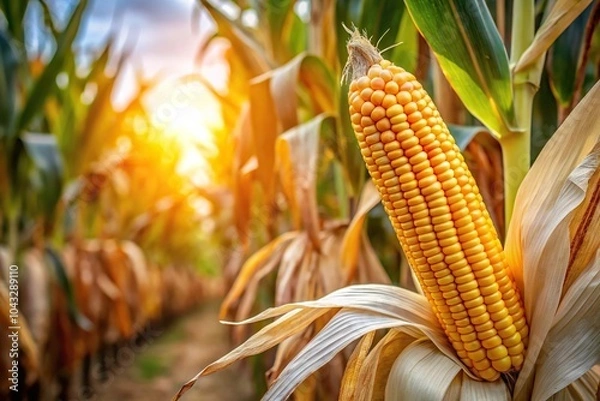 Fototapeta Ripe corn cob on tree in corn field agriculture waiting for harvest