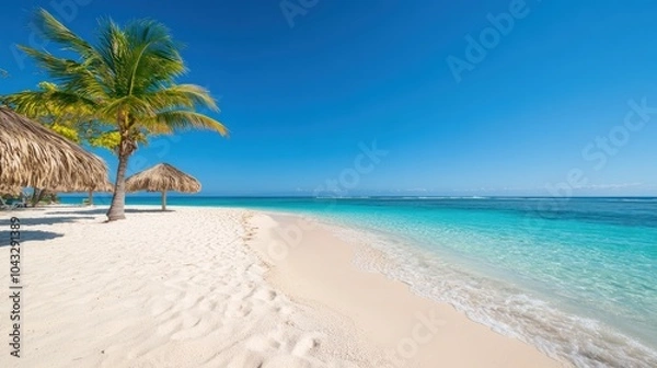 Fototapeta Idyllic white sand beach with turquoise water and palm trees.