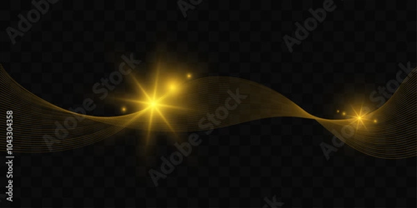 Fototapeta Golden waves with glittering effects. Beautiful curved lines and sparks. Special golden light effect, wave lines.