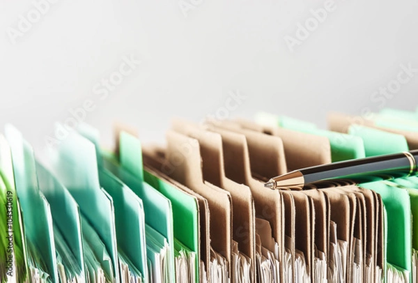 Obraz Office supply. Files with a ballpoint pen.