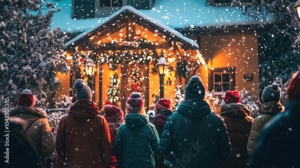 Obraz A group of carolers bundled up in festive clothing, singing in front of a beautifully decorated house, with snow falling around them.