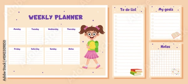Fototapeta Weekly planner, to do list, notes, goals for children. School timetable, lesson schedule and organizer template with school supplies and schoolgirl.