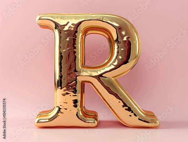 Fototapeta Golden letter R uppercase on pink background. 3d rendered font.
