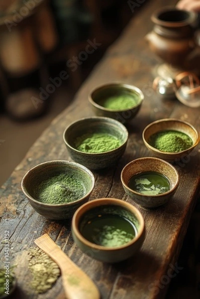 Fototapeta cup of matcha tea on wooden Japanese terrace lit with beautiful sunlight. ai generated