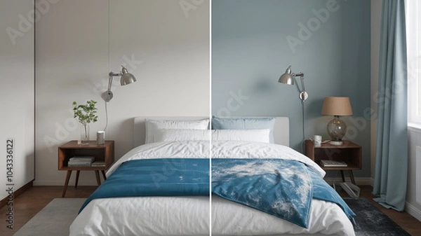 Fototapeta clean and dirty side by side bedroom comparison showcasing contrasting styles and organization. left side features minimalist design, while right side displays more lived in look, evoking sense of