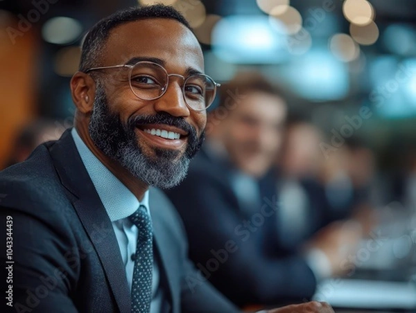 Fototapeta diverse group of positive businessmen engaged in a lively discussion around a large table, filled with energy and enthusiasm, reflecting camaraderie and collaboration in a corporate setting