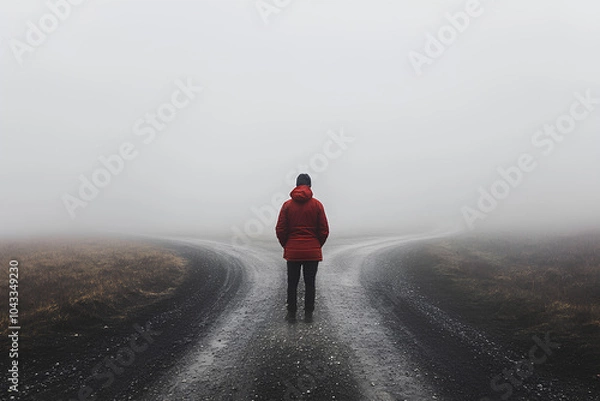 Fototapeta Person in a red jacket stands on a road with a foggy sky above