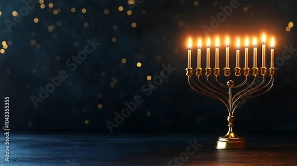 Fototapeta A golden menorah with nine glowing candles stands against a dark background, symbolizing the Hanukkah celebration with a peaceful, festive ambiance.