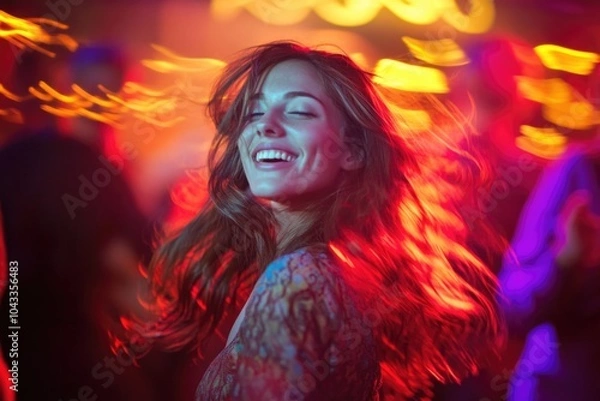 Obraz A happy woman dancing at a party with friends