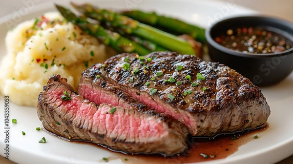 Fototapeta A juicy strip steak plated on a sleek, modern white dish, paired with creamy mashed potatoes and grilled asparagus.