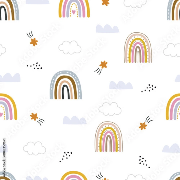 Obraz Cute rainbow seamless pattern with clouds on white background, used for print, decor, wallpaper, baby clothes, textiles