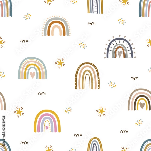 Obraz Cute rainbow seamless pattern with clouds on white background, used for print, decor, wallpaper, baby clothes, textiles
