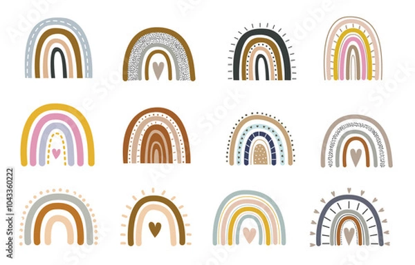 Obraz Boho rainbows set with heart pastel colors hand drawn vector elements for nursery decoration, baby showers, party, posters, invitations, postcard, clothes