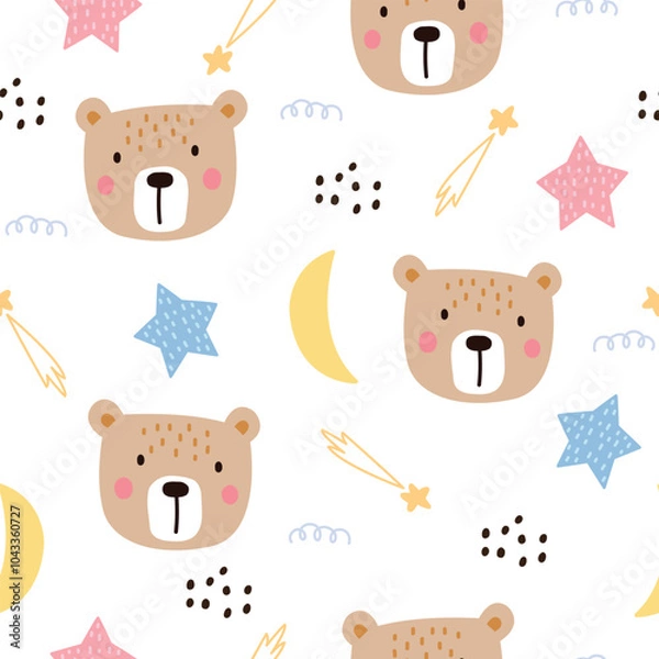 Fototapeta Baby seamless pattern Brown bear face Cute hand-drawn animal background in child style