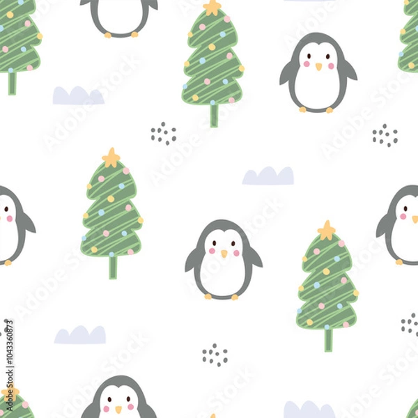 Obraz Seamless pattern with penguins on white background. Hand drawn design in cartoon style. used for decoration Celebration Wallpaper Fabric Textile