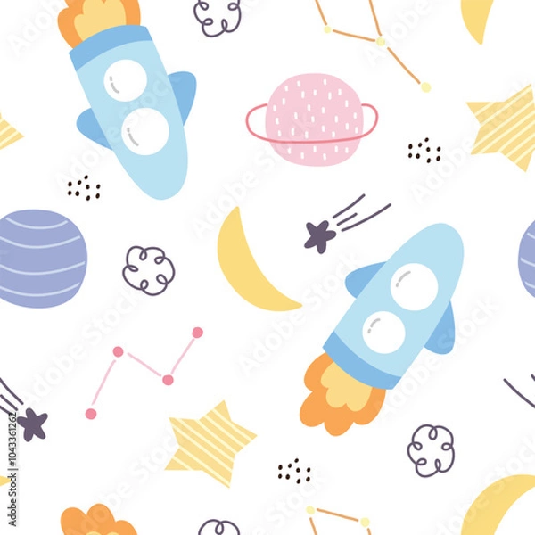 Obraz Space background with rockets and stars nursery seamless vector pattern in cartoon style