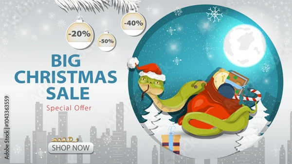 Obraz Banner special offer big Christmas sale A snake in a Santa hat wraps around a bag of gifts against the night sky