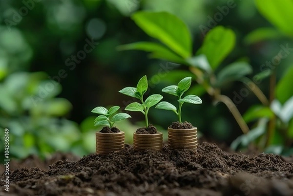 Fototapeta Coins Stacked in a Pyramid Shape, With Each Layer Supporting a Different Stage of Plant Growth, Symbolizing Financial Development