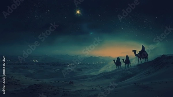 Obraz Christmas Jesus birth concept - Adoration of the Magi, Three Wise Men, Three Kings, and the Three biblical Magi with camel silhouettes journeying in sand dunes of desert follow Bethlehem star at night
