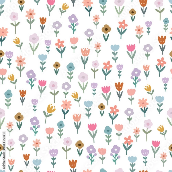 Obraz Seamless pattern flowers on white background Hand drawn design in cartoon style Used for textiles, fashion prints, wallpapers, vector illustrations