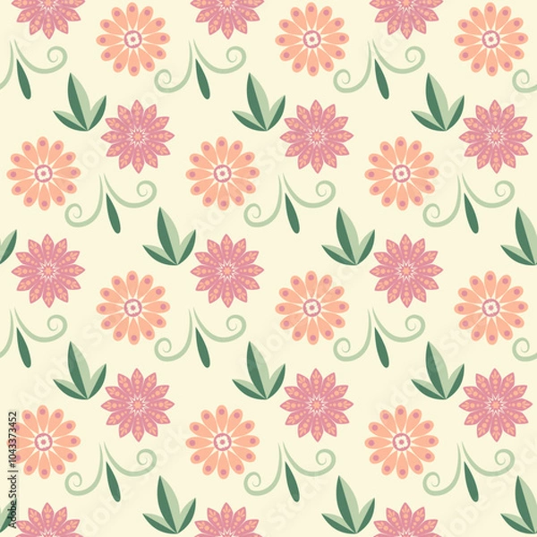 Obraz Modern smooth geometric abstract flowers of chamomile chrysanthemum in the folk Scandinavian style. Minimalistic ornament pastel green orange background