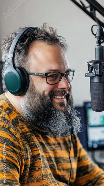 Obraz middle aged podcaster recording in studio