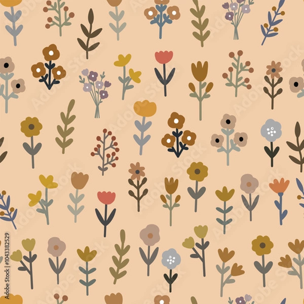 Obraz Seamless patterns flowers on brown background. Hand drawn design in cartoon style. Used for textiles, fashion prints, wallpapers, vector illustrations