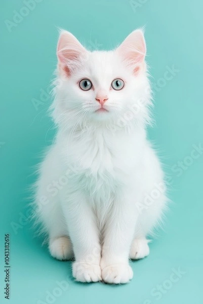 Fototapeta A charming white cat with striking blue eyes sitting gracefully against a vibrant turquoise background, exuding a sense of elegance and playfulness.