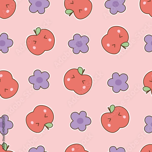 Obraz Cute Seamless Pattern with Smiling Apples and Purple Flowers on Pink Background