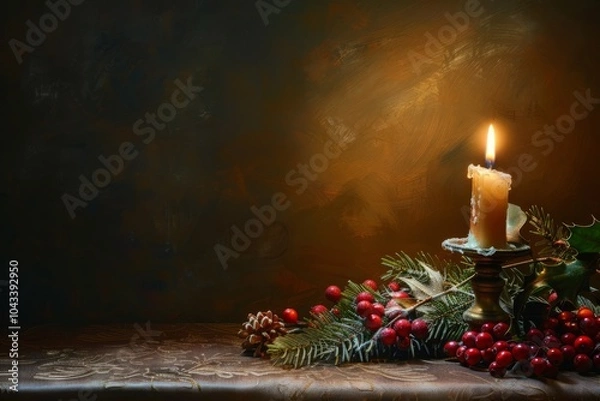 Fototapeta Warm glow from a solitary candle casts soft light on a richly decorated holiday table background with empty space for text