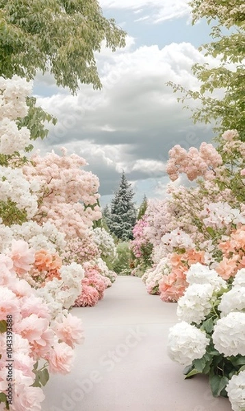 Fototapeta _A_path_leading_to_an_enchanted_castle_surrounded,a_garden_filled_with_lots_of_purple_and_white_flowers,a_garden_filled_with_lots_of_purple_and_white_flowers,generation AI
