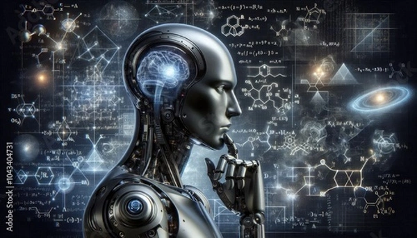 Fototapeta Futuristic AI Robot Analyzing Complex Mathematical Formulas: A Digital Scene Representing Machine Learning, Scientific Analysis, Advanced Data Processing, and Computational Intelligence