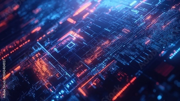 Fototapeta A glowing futuristic HUD interface with geometric lines and digital data projections on a dark blue background