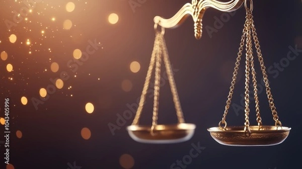 Fototapeta Golden scales of justice with blurred lights in the background, symbolizing balance and fairness.