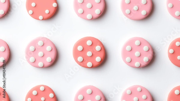 Fototapeta Deliciously cute pink and white polka dot cookies arranged in a pattern for a fun dessert display