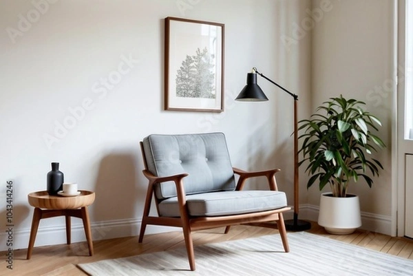 Obraz Scandinavian living room focusing on a lounge chair at the corner with decor in a wooden accent.