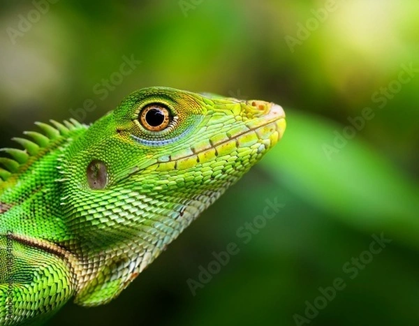 Fototapeta Close view of a common green forest lizard