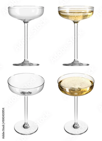 Fototapeta Glass coupe with champagne on transparent isolated background. Set of empty glasses and with drink in different angles. Bar theme. 3d rendering.