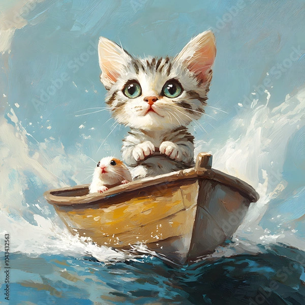 Obraz cartoon style light gray and white striped cat with big ears is in a boat with his hamster friend