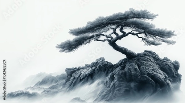 Fototapeta Dramatic lone pine tree growing on misty rocky cliff, minimalist monochromatic landscape in Asian style with foggy mountains and ethereal atmosphere