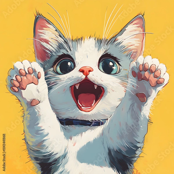 Obraz cat stickers, excited expression, tired expression, hands reaching out, vivid colors, happy mood, cartoon style