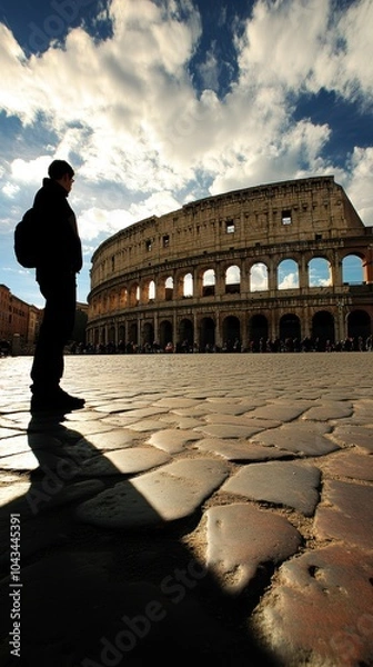 Fototapeta Tourist admiring the colosseum in rome under a cloudy sky
